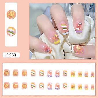 24 PCS Fake Nail Cute Summer Nail with Rainbow Cloud Pattern for Finger