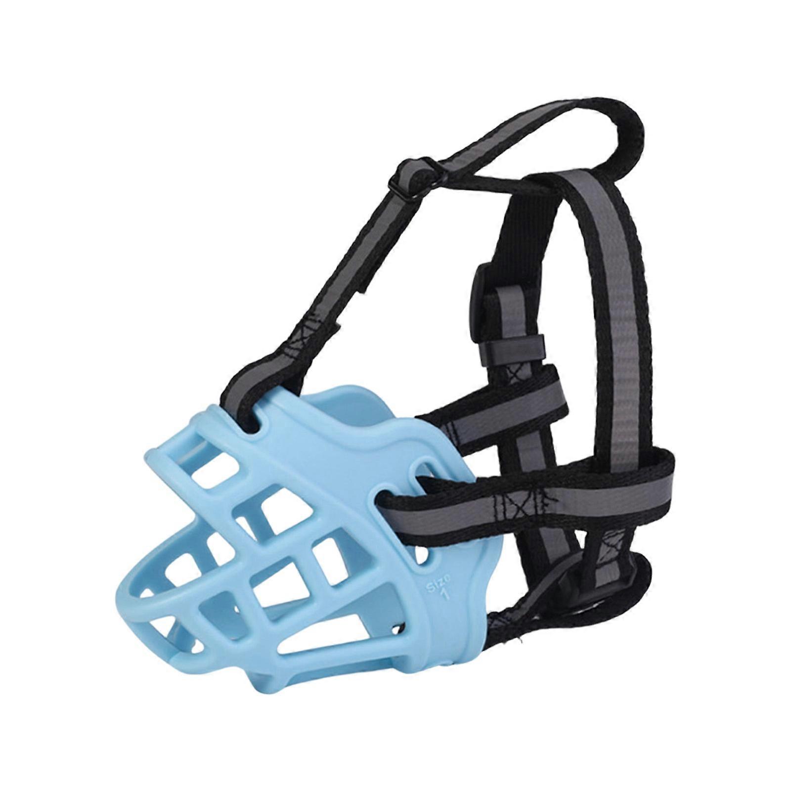 Protège-gueule pour chien avec guide des tailles, ouverture frontale, fermetures ajustables, bordure lumineuse et compatible avec une utilisation quotidienne (bleu 1).