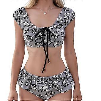 RUIYUE Two Piece Swimsuit for Women Floral Ruffle Bikini Set Cap Sleeve Crop Top with High Waisted Frill Bathing Suit