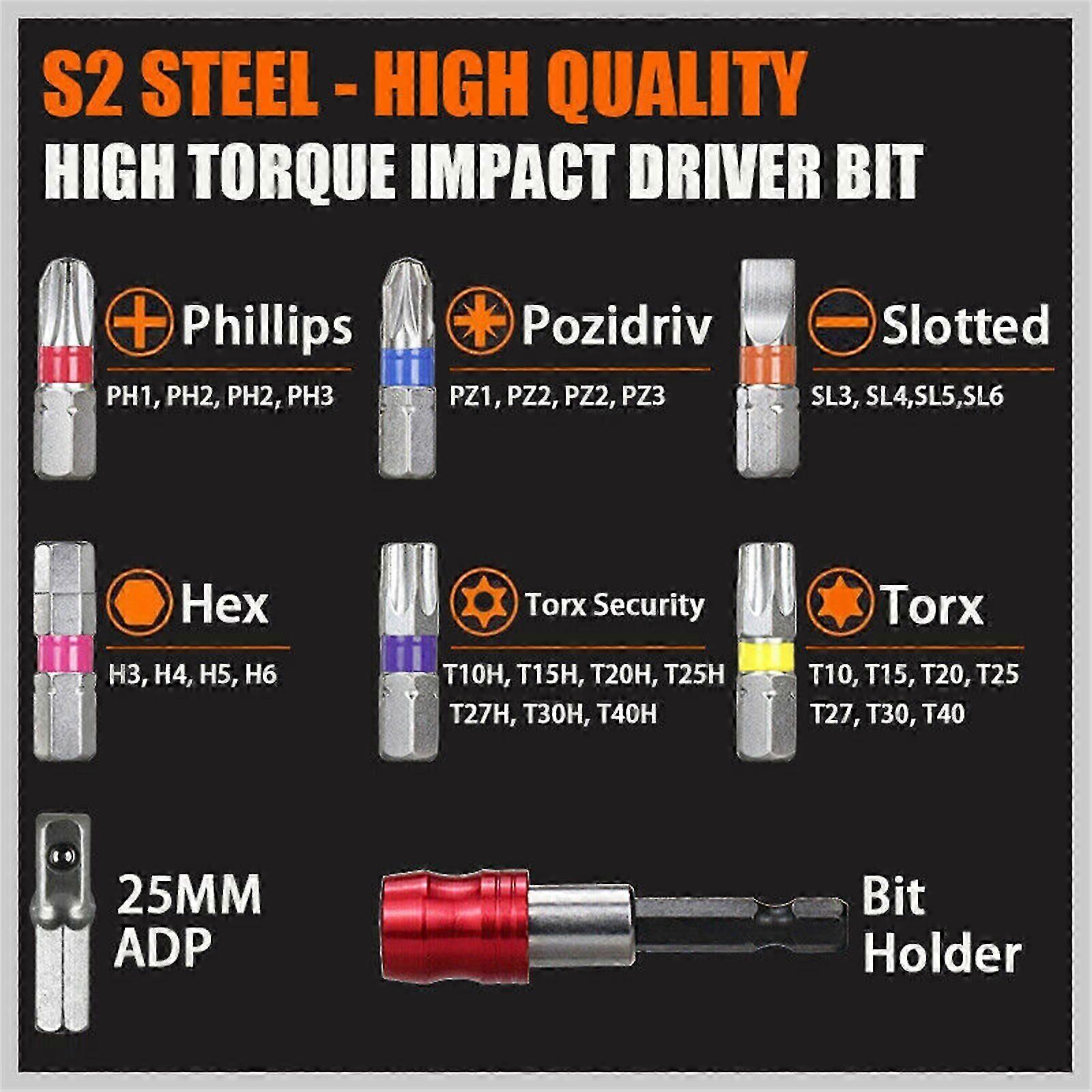 32pcs Torx Screwdriver Bit Set 1/4" Hex Shank Impact Driver Drill Bits with Case