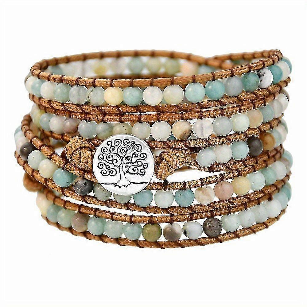5-Layer Natural Stone Wrap Bracelet with Adjustable Tree Charm