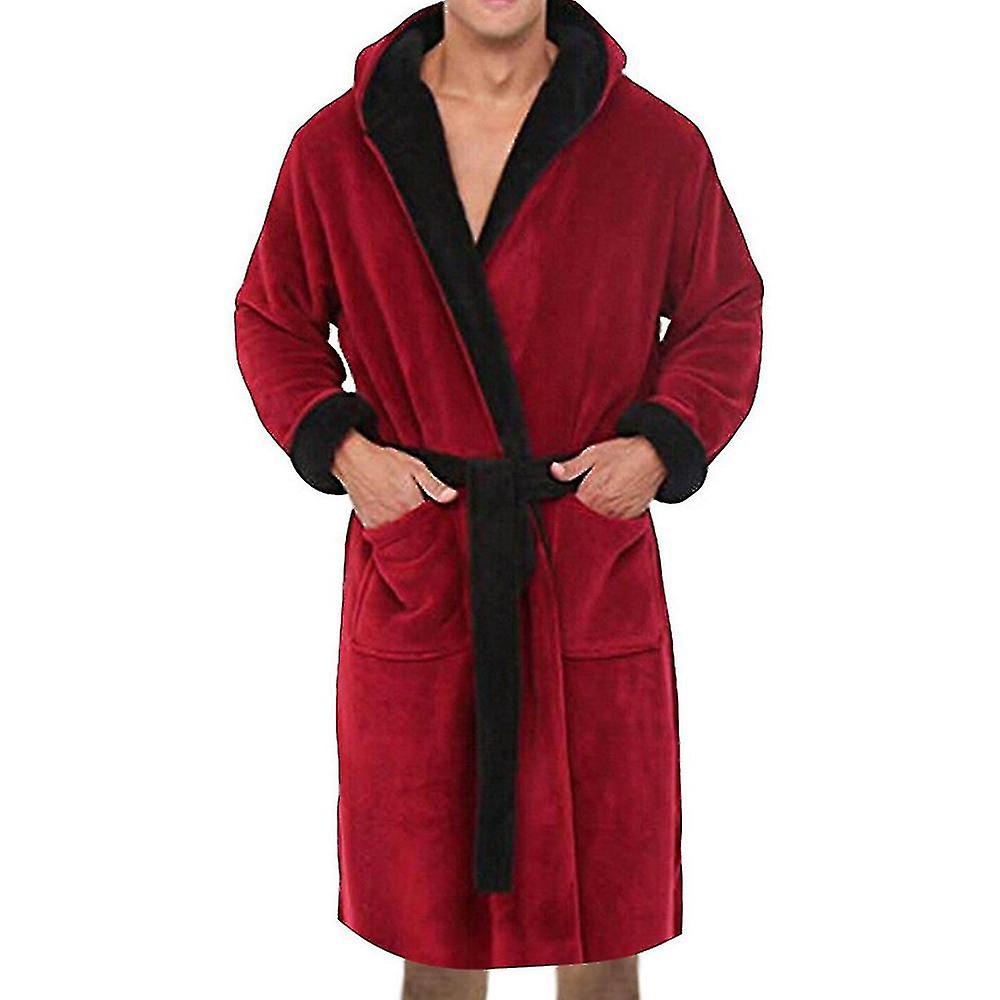 Men Hooded  Fleece Dressing Bathrobe
