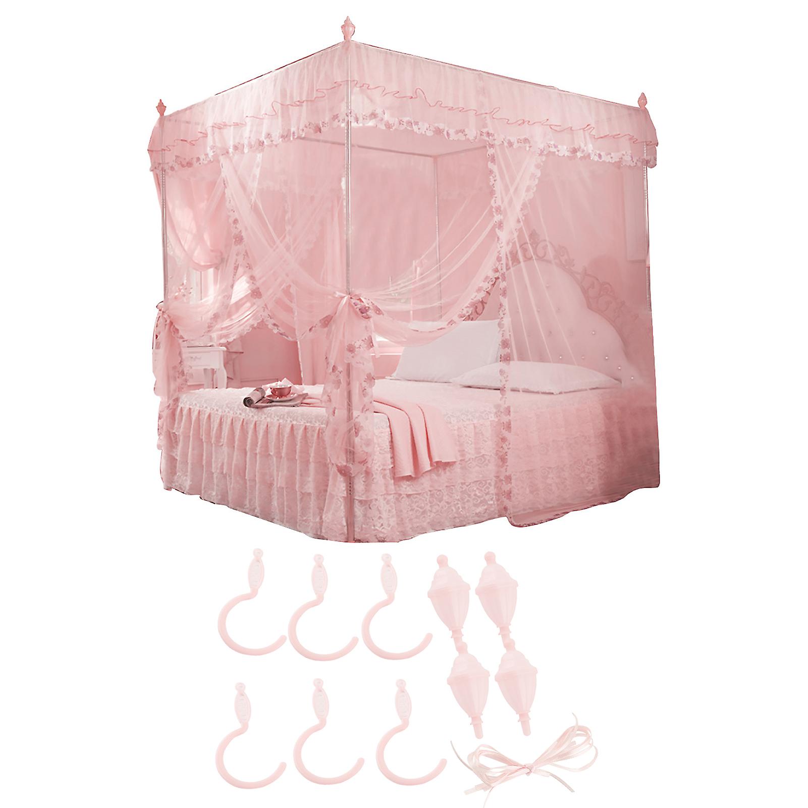 Lit de luxe Princesse à 3 ouvertures latérales avec rideau, baldaquin, moustiquaire et literie (rose M)