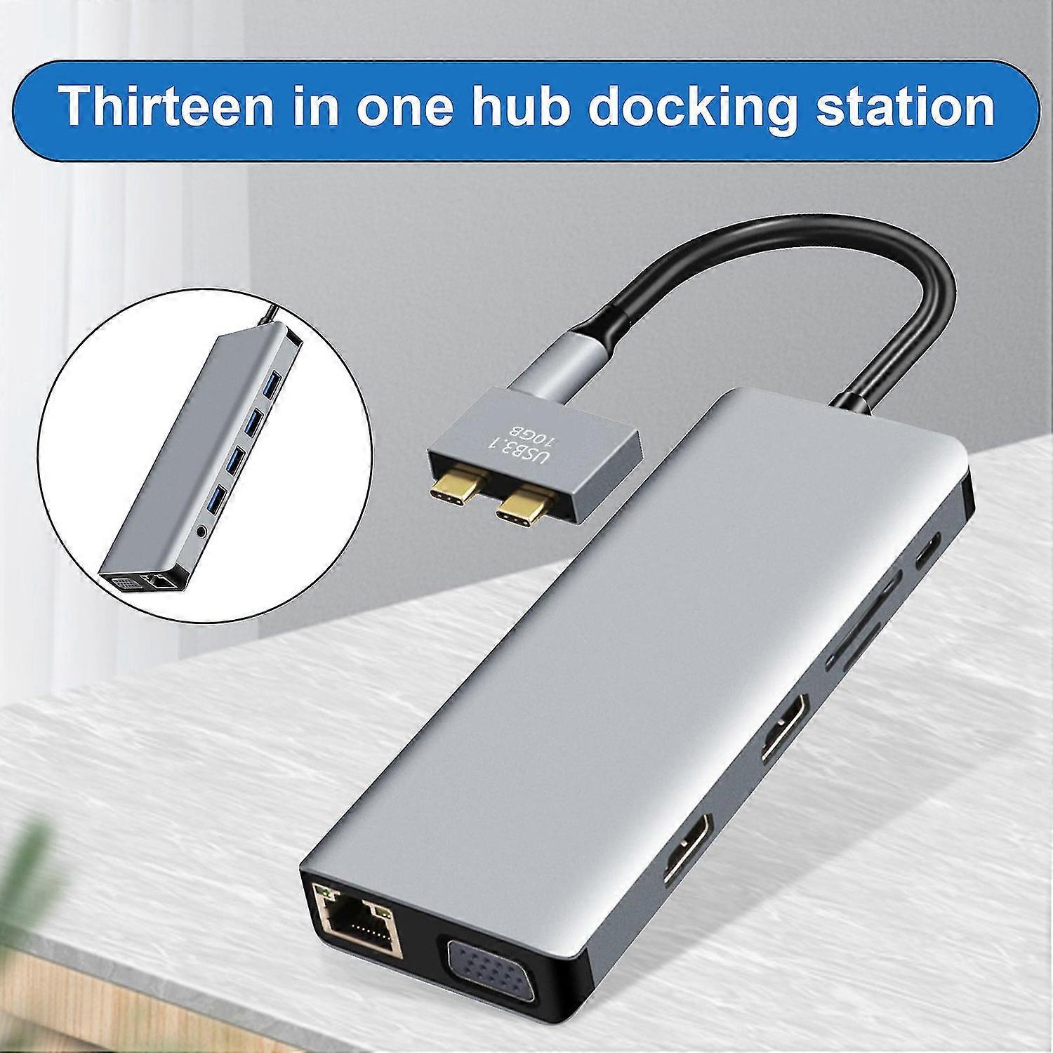 Docking Station Portable High Clarity Aluminium Alloy 13 in 1 Dual Type-C to Dual HDMI-Compatible US