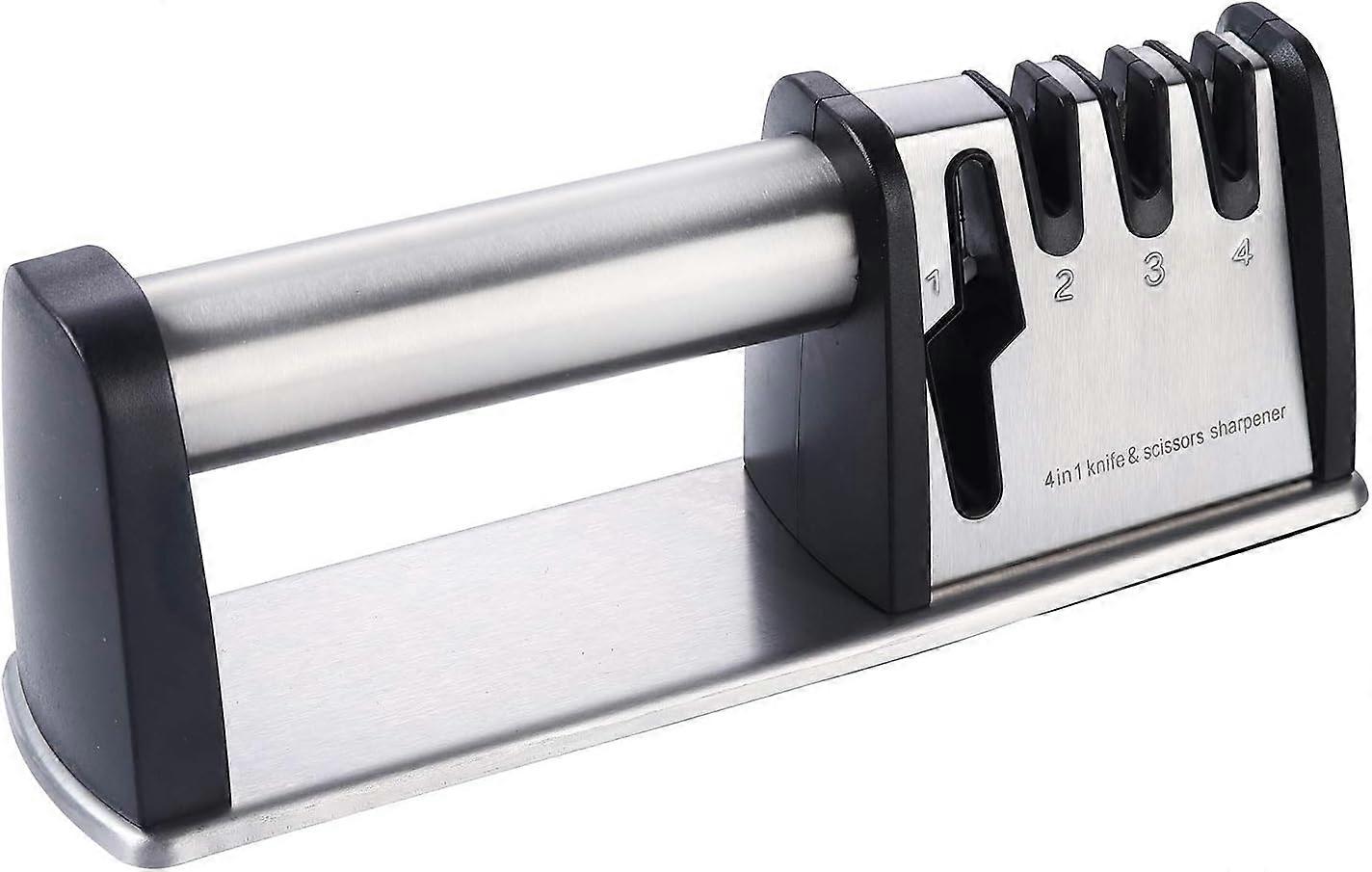 Knife Sharpener, 4 in 1 Manual Knife Sharpener for Kitchen and Home, Professional Scissor Sharpener Made of Tungsten Carbide, Ceramic and Diamond Coa