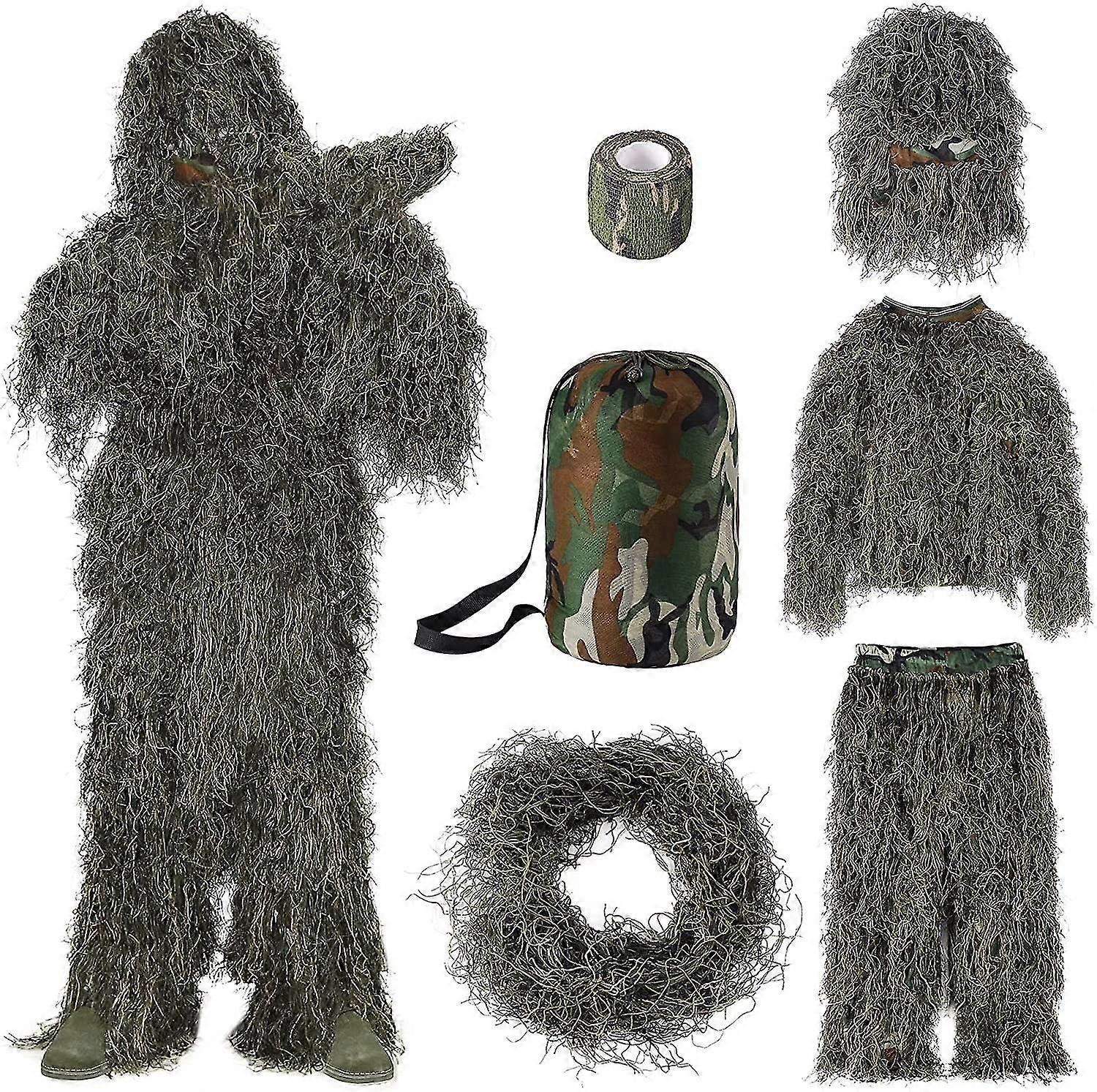 6 في 1 بدلة Ghillie ، ملابس صيد مموهة 3D بما في ذلك سترة ، سراويل ، غطاء محرك السيارة ، حقيبة حمل وأشرطة كامو ، مناسبة للرجال الصيد ، الجيش ، القناص