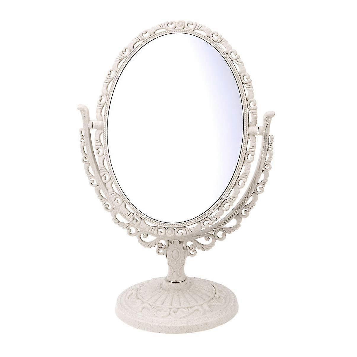 Oval Cosmetic Mirror Vintage Tabletop Vanity 360 Degree Rotation Magnifying Double Sided Mirror (beige)