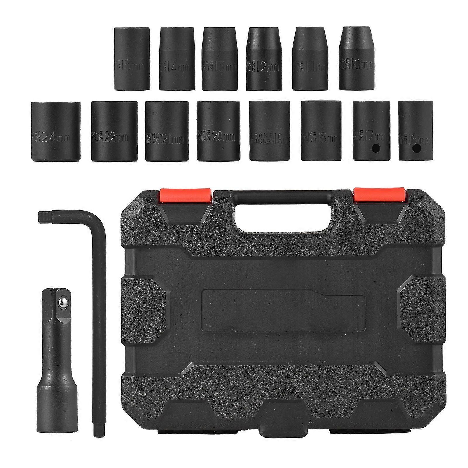 16PCS Impact Socket Set 1/2' Impact Sockets 10-24mm Suited for Compressed Air Devices and Impact Wrenches