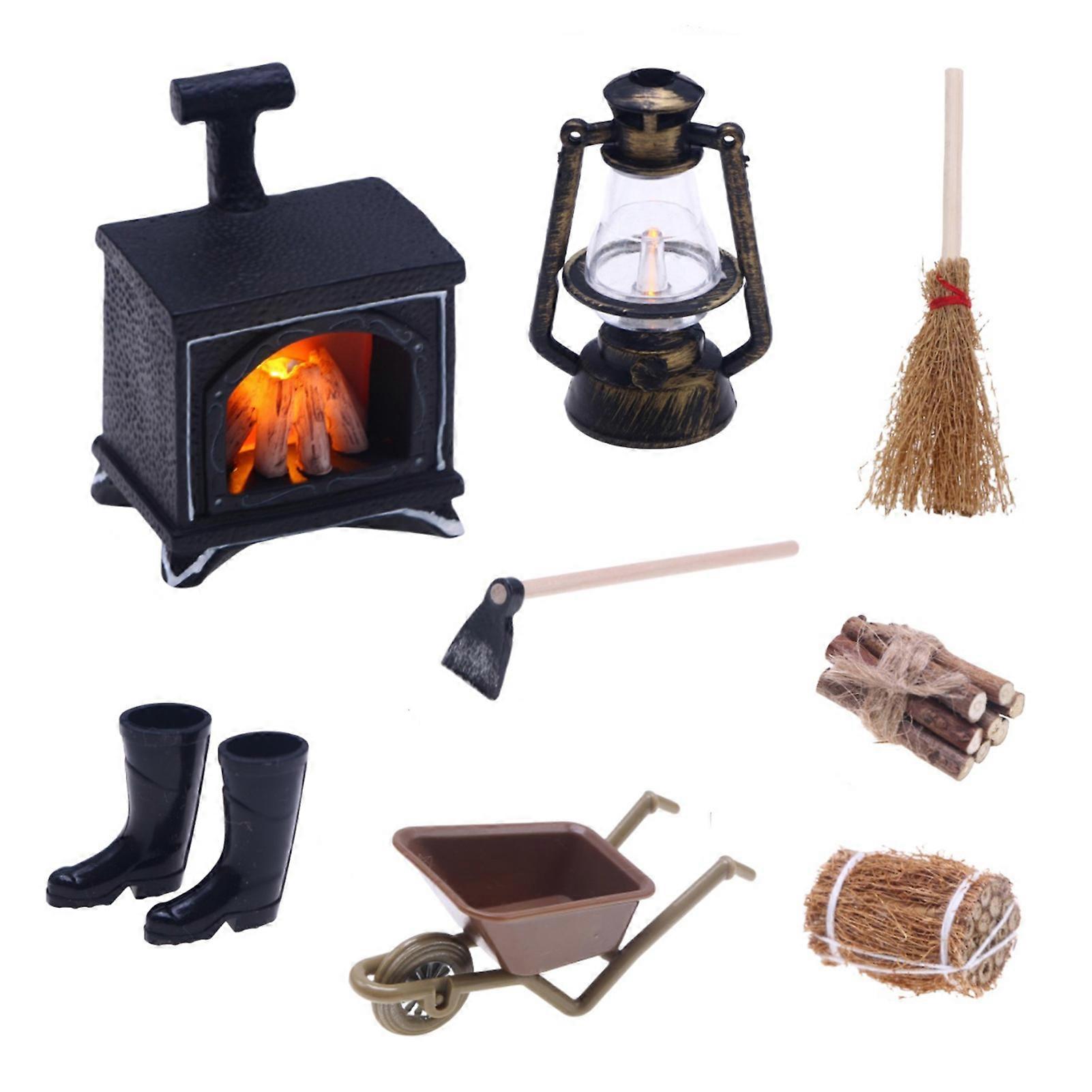 8st / set 1:12 dockhus miniatyr öppen spis set simulering upplyst öppen spis mässingslampa besom modell dockhus inredning barn gåva