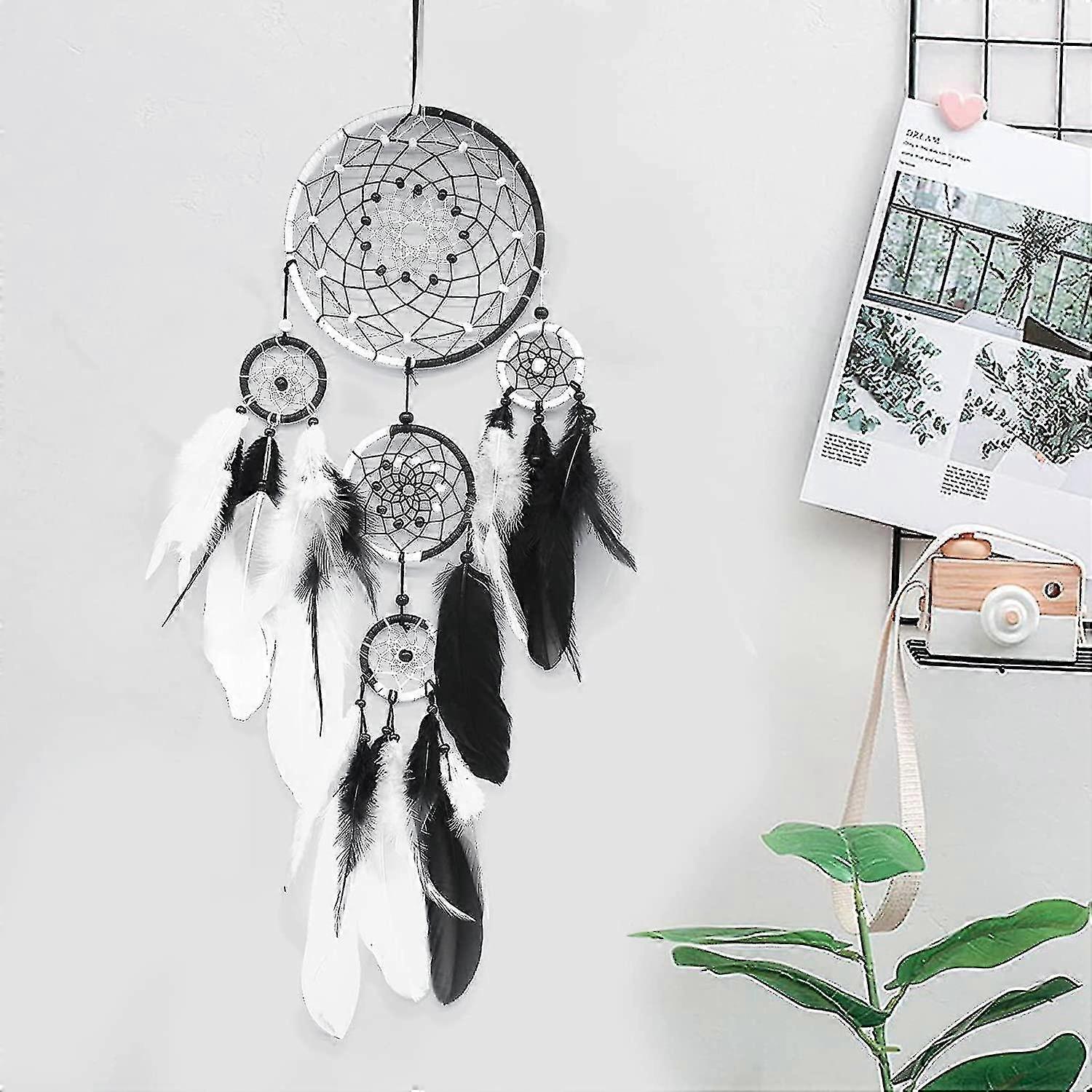 Handmade Dream Catchers With Feathers And Beads Black White Dream Catcher Boho Traditional Circular Net