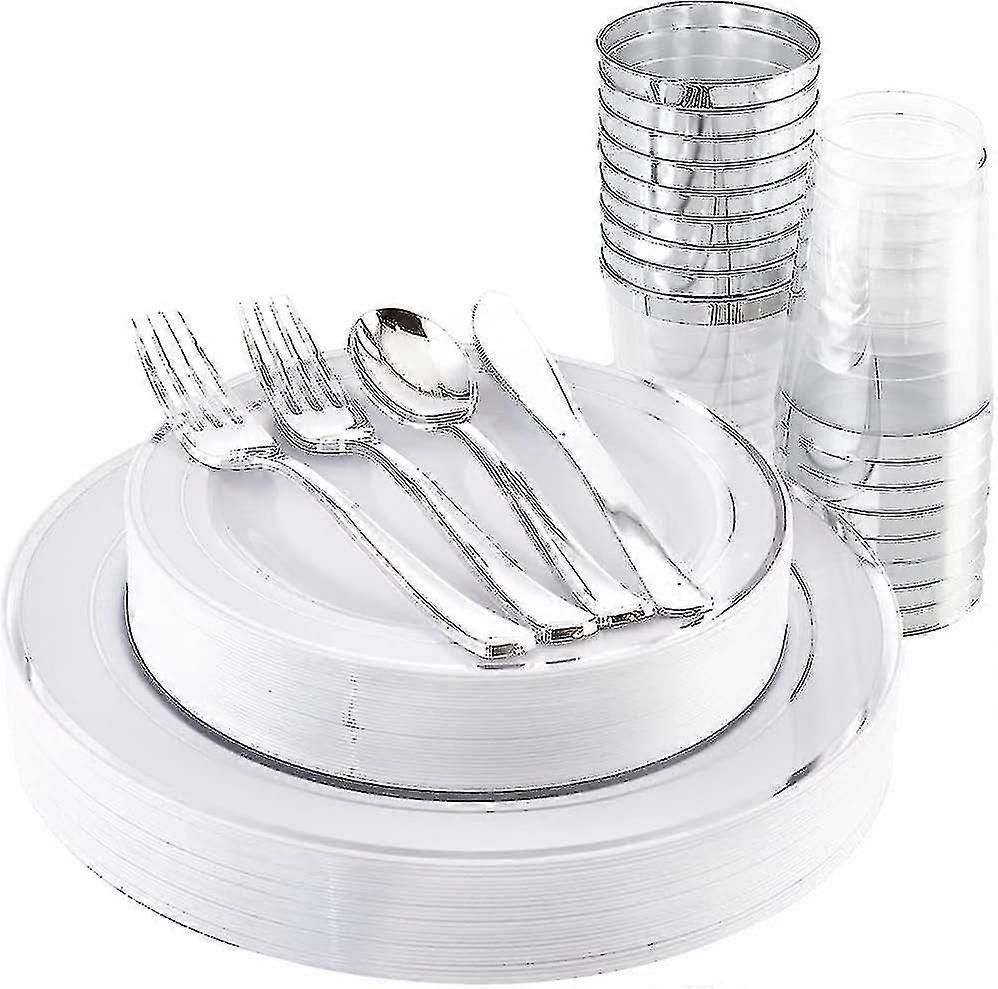 150 stuks Multifunctionele zilveren plastic serviesset 25 stuks herbruikbare dinerborden 25 stuks saladeborden 25 stuks messen 25 stuks minivorken 25 stuks lepels 25 stuks