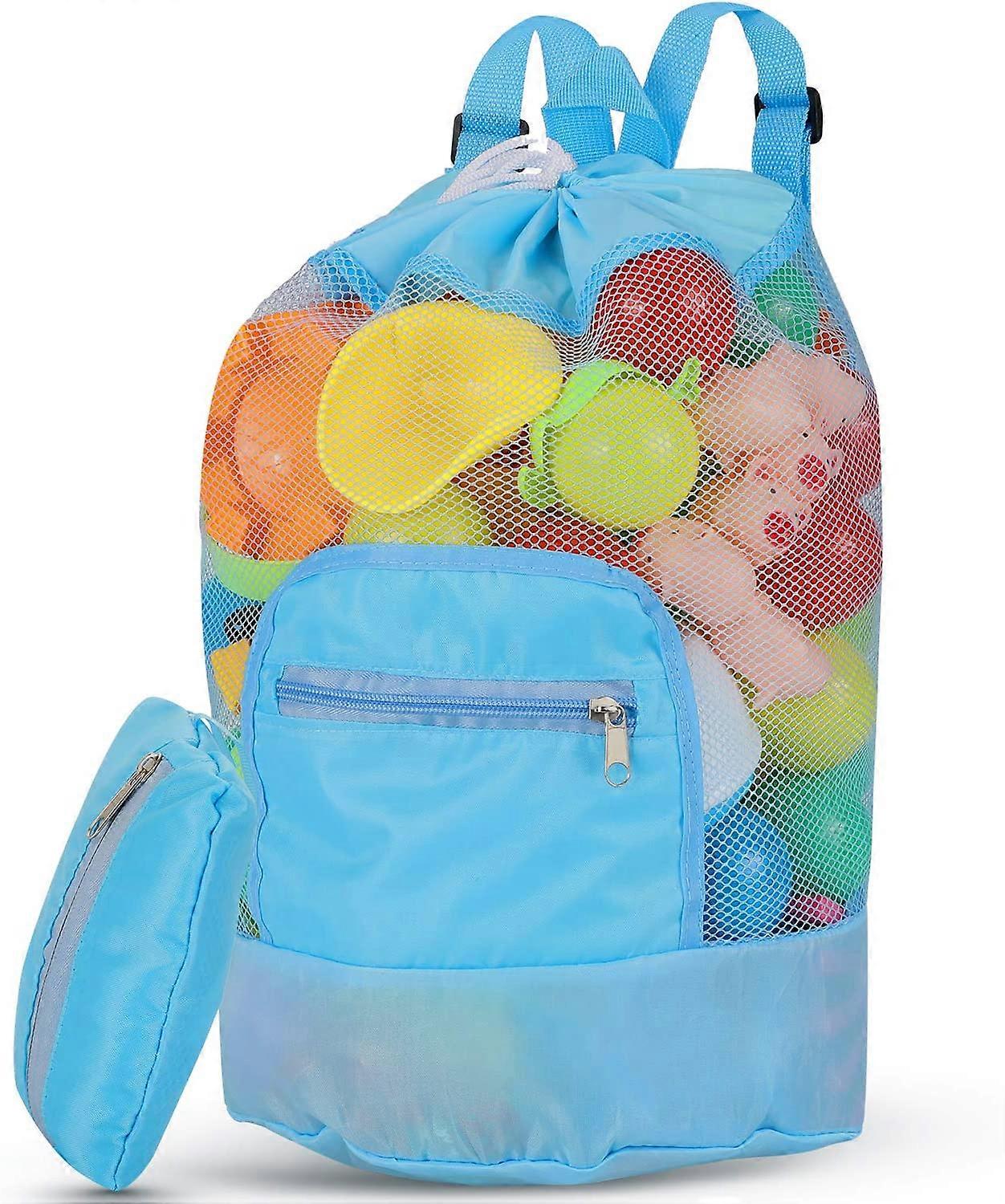 Mesh Beach Bag Sand-away Drawstring Beach Backpack Foldable Swim Pool Toy Storage Bag with Double Shoulder Strap (Sky Blue)