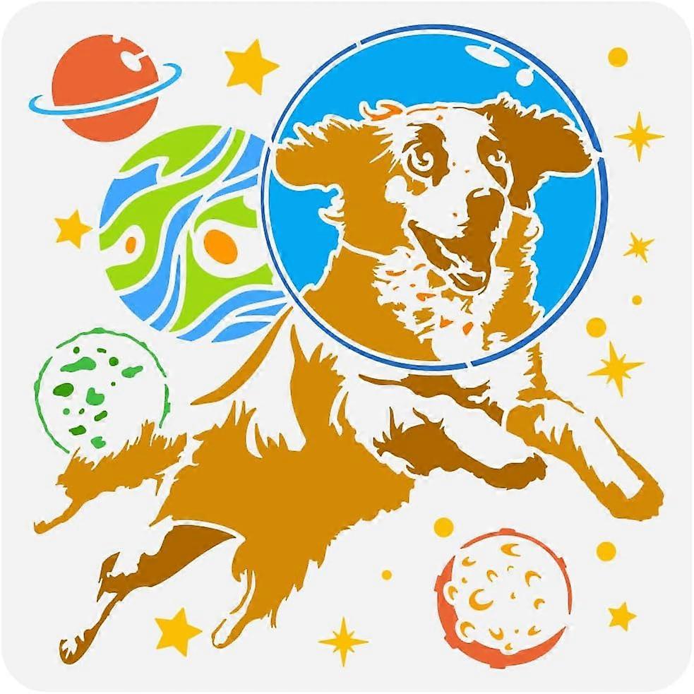 Space Dog Painting Stencil 11.8x11.8 inch Large Funny Dog in Spacesuit Stencil for Painting Plastic PET Universe Stars Drawing Template Science Theme 