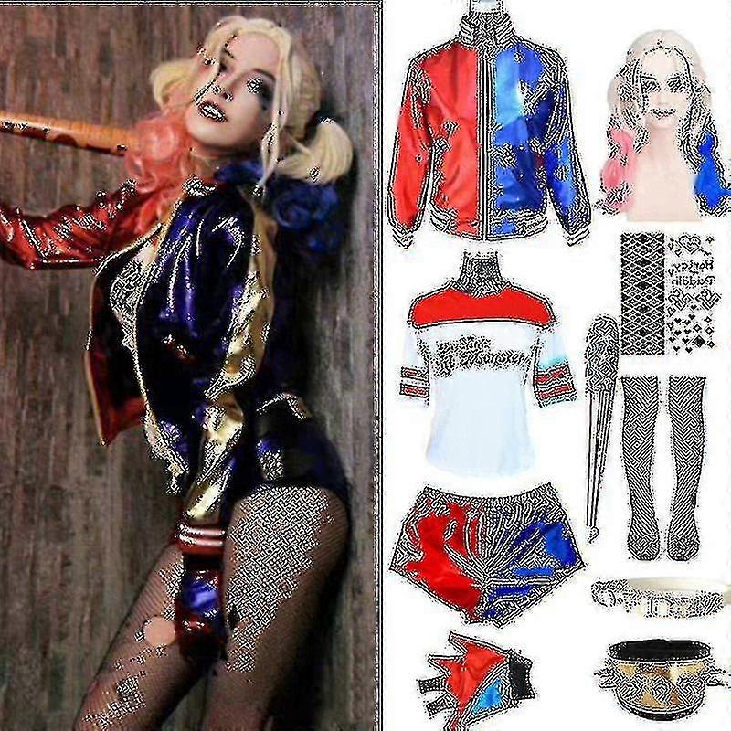 大人のハーレーコスチュームクインハロウィーンTシャツブレーサージャケットベルトウィッグ付き新年パーティー服A