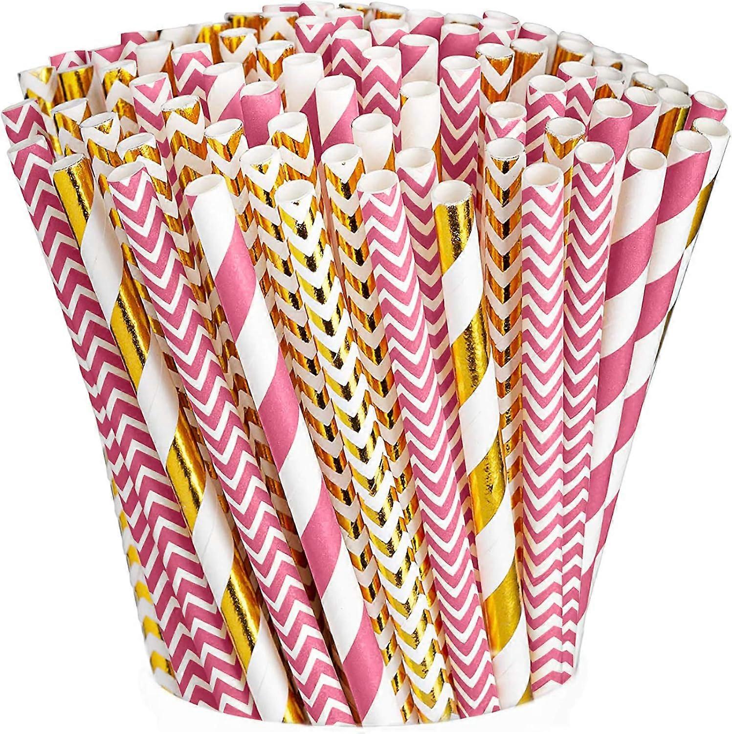 Comfy Package Paper Drinking Straws  Biodegradable Multi-Pattern Party Straws [100 Pack] Pink & Rose Gold