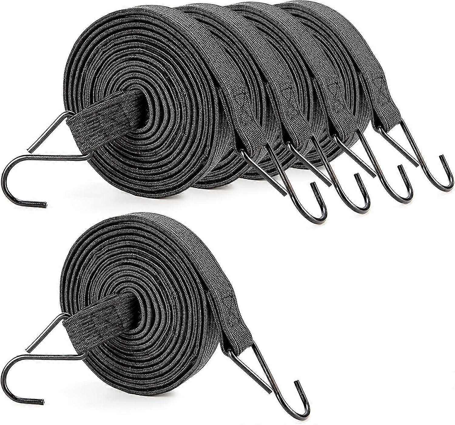 (Black) Bungee Cord with Hook, 2m Flat Bungee Cord with Tension Hook, 5 Pack Extra Strong Rubber Bands for Tarps, Camping, Car, Bike