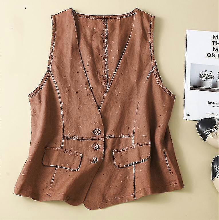 Bayan Pamuk Keten Yelek Rahat Gevşek V Yaka Kolsuz Yelekler s20241212458