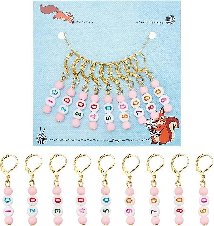 DIY 9 Pcs 10-90 Numbers Stitch Markers Acrylic Beaded Knitting Stitch Markers Removable Leverback Hook Locking Stitch Marker for Knitting Weaving Sewi