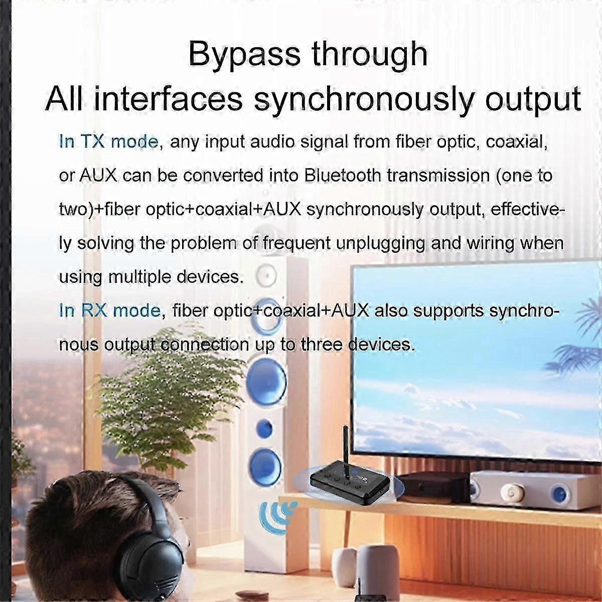 Bluetooth 5.2 Audio-Senderempfänger 2 in 1 adaptiv mit optischem, koaxialem, Aux-3,5-m-Bypass-EU-Stecker