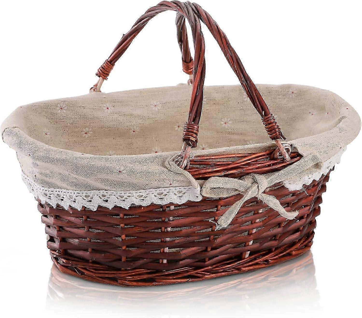 Wicker Picnic Basket with Handle, Empty Gift Basket, Easter Basket with Liner, Woodchip Organizer Storage for Fruit, Candy, Wine, Egg Gathering, Wed