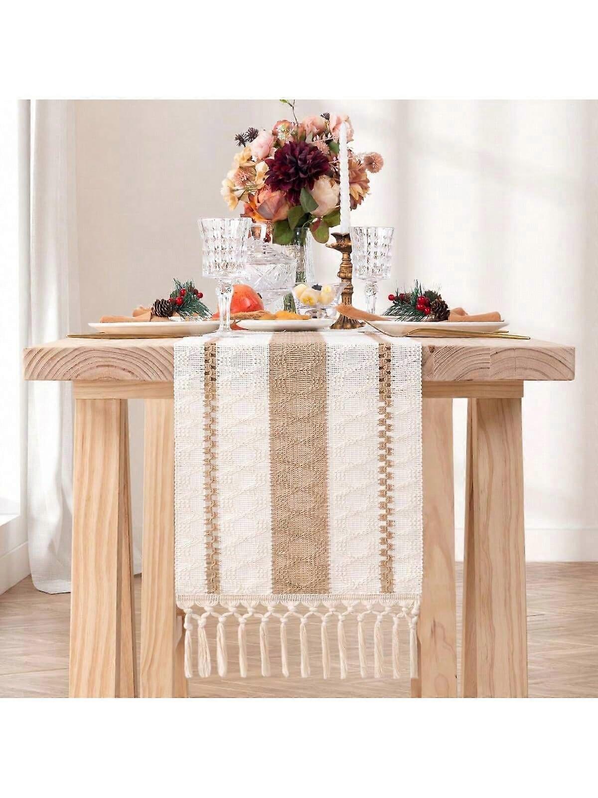 Table Runner Cream Beige Boho Table Runner With Tassels For Home Decor Farmhouse Table Runner Cream Hand Woven Table Runner Rustic Farmhouse Table Run