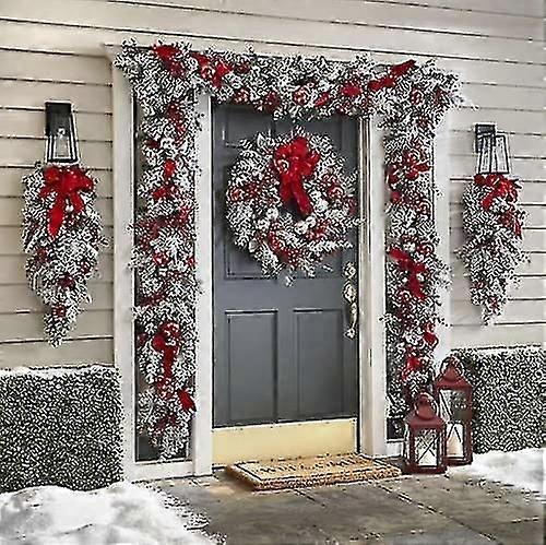 コードレスプレライトレッドとホワイトホリデートリムクリスマスリース装飾フロントドア外壁掛けクリスマスガーランドクリスマスレッドリース