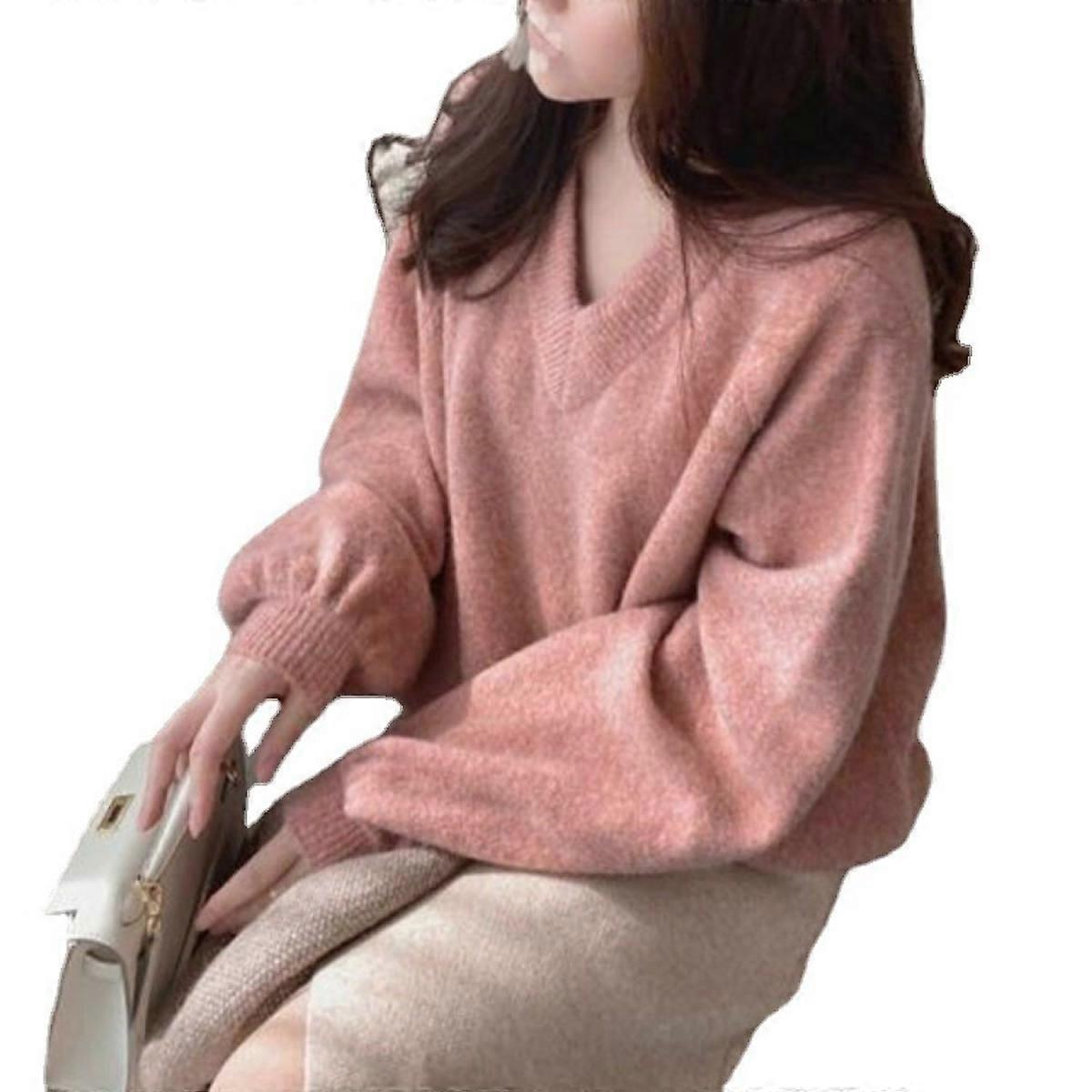 Women's Long Sleeve V-Neck Sweater Loose  Knit Casual Solid Pullover Tunic Tops