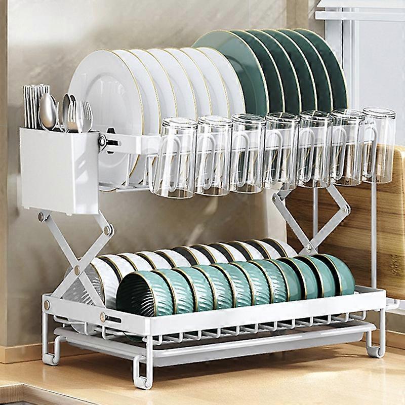 006-WDJ-70178A 2 طبقة تجفيف الأطباق الرف مطوية منظمات المطبخ ورف التخزين مع صينية بيضاء