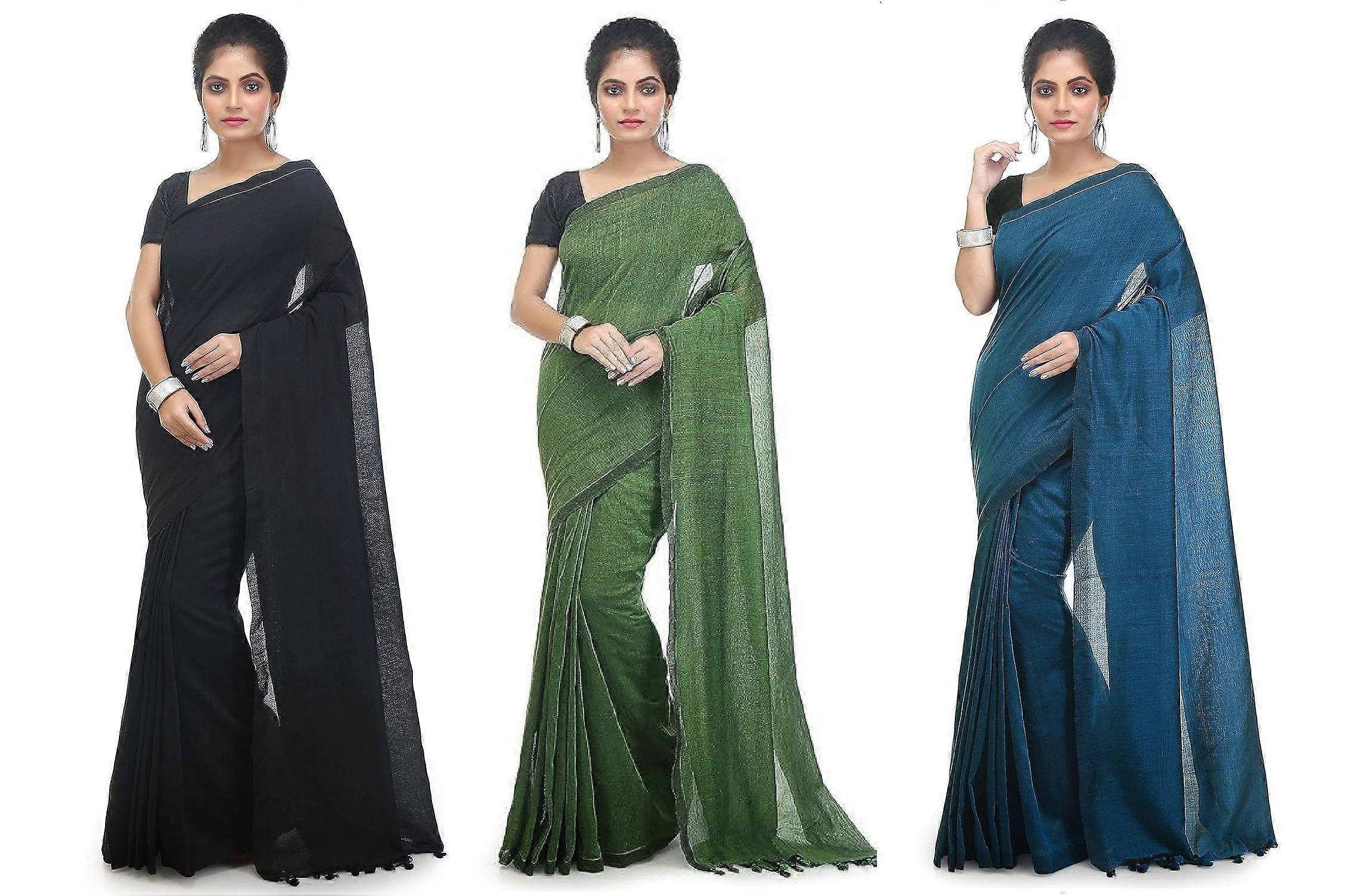 BRYNBRIT Women's Soft & Elegant Every Occasion Pure Cotton Sari 3 Pieces Set
