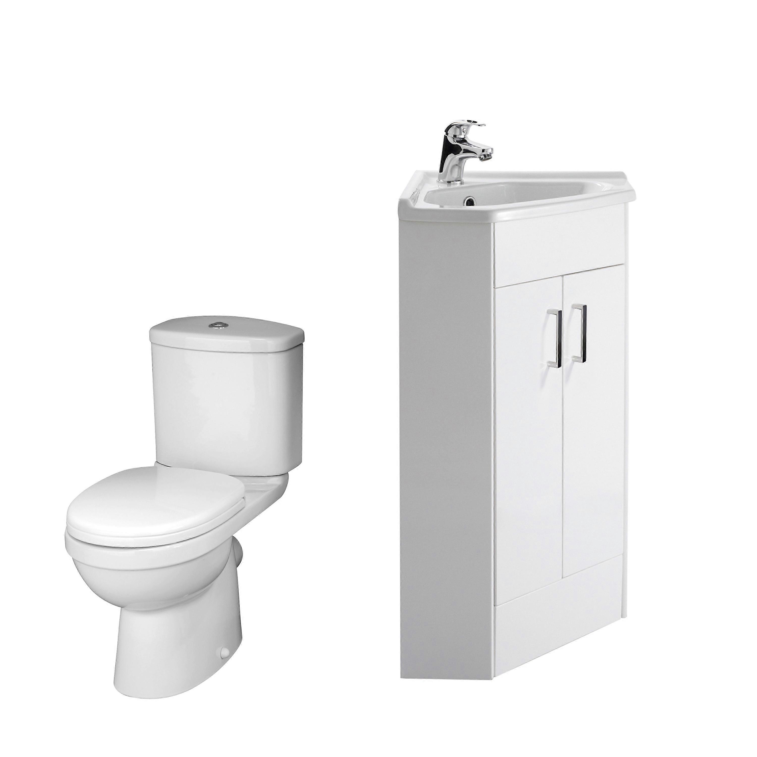Bathroom Floor Standing Corner Vanity Unit and Toilet Set - White