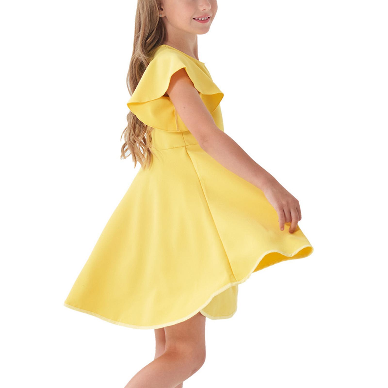 Robe à manches volantées de couleur unie pour filles, vêtements tendance pour enfants, printemps-été, robe décontractée, coupe ample, jaune