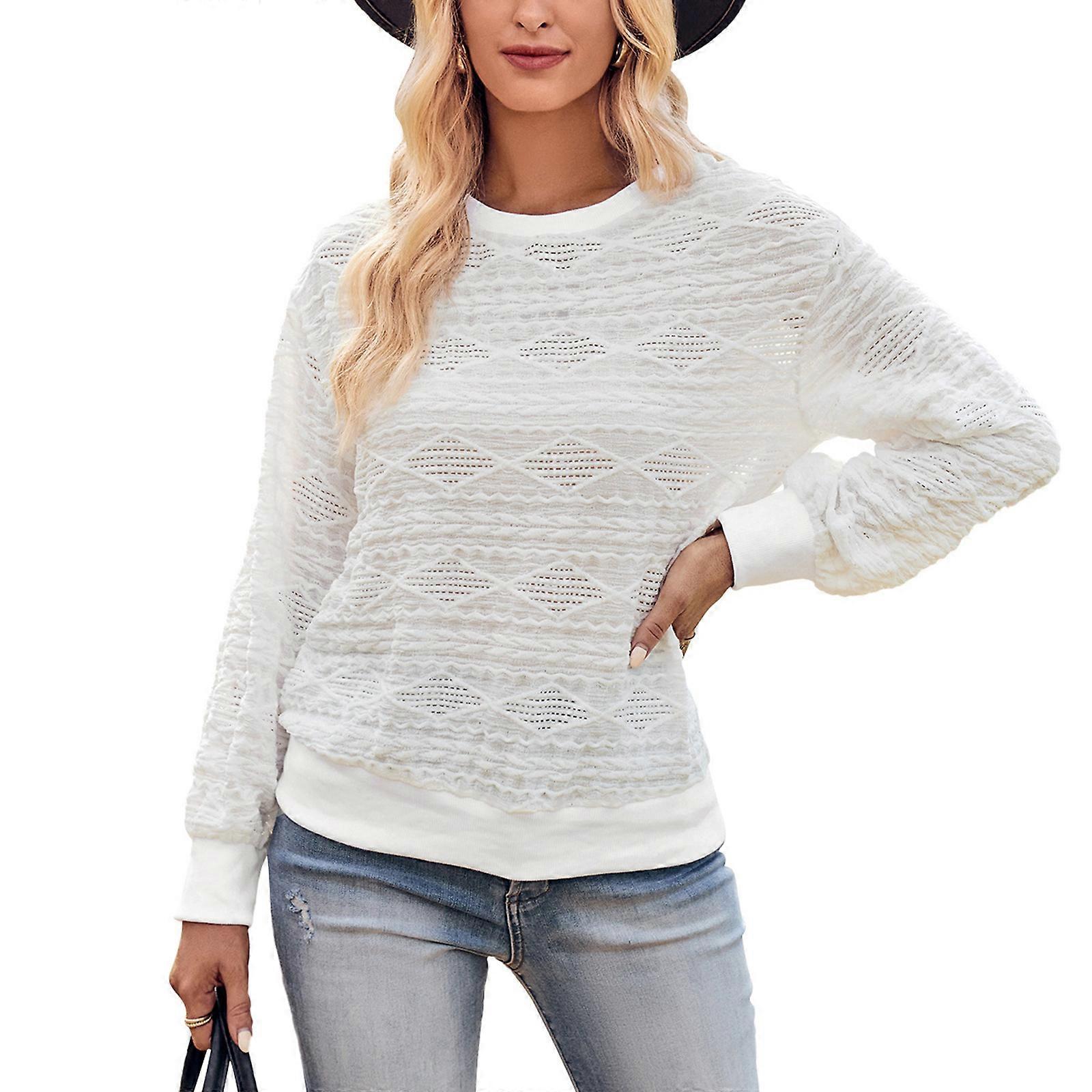 Womens Cable Knit Pullover Sweater Loose Long Sleeve Pullover Round Neck Solid Color Sweater Warm Pullover  White XL