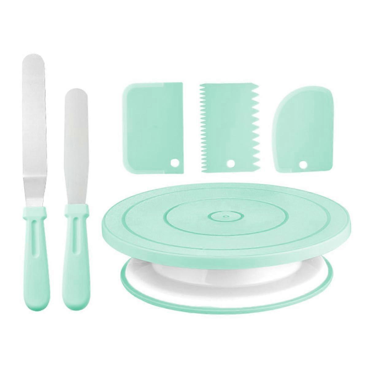 Cake Decoration Rotation Table Set with 3 Decorative Tools, 2 Edges & Angled Combs, Green, 6 Pieces Total