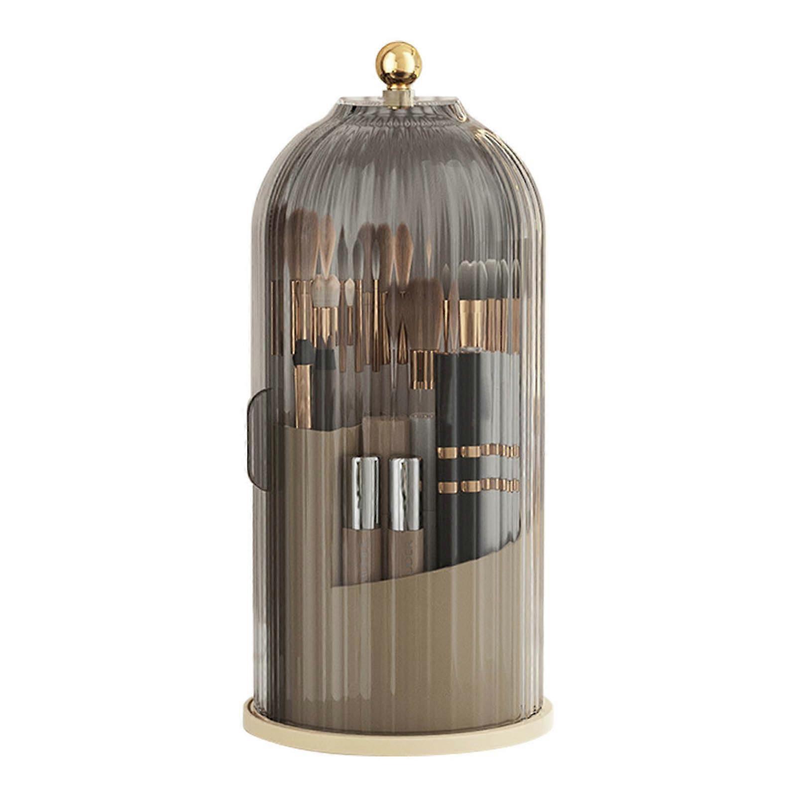 Rotating Makeup Brush Display Case with Sliding Door, Multifunctional Desktop Storage Pen Holder (Black Lid)