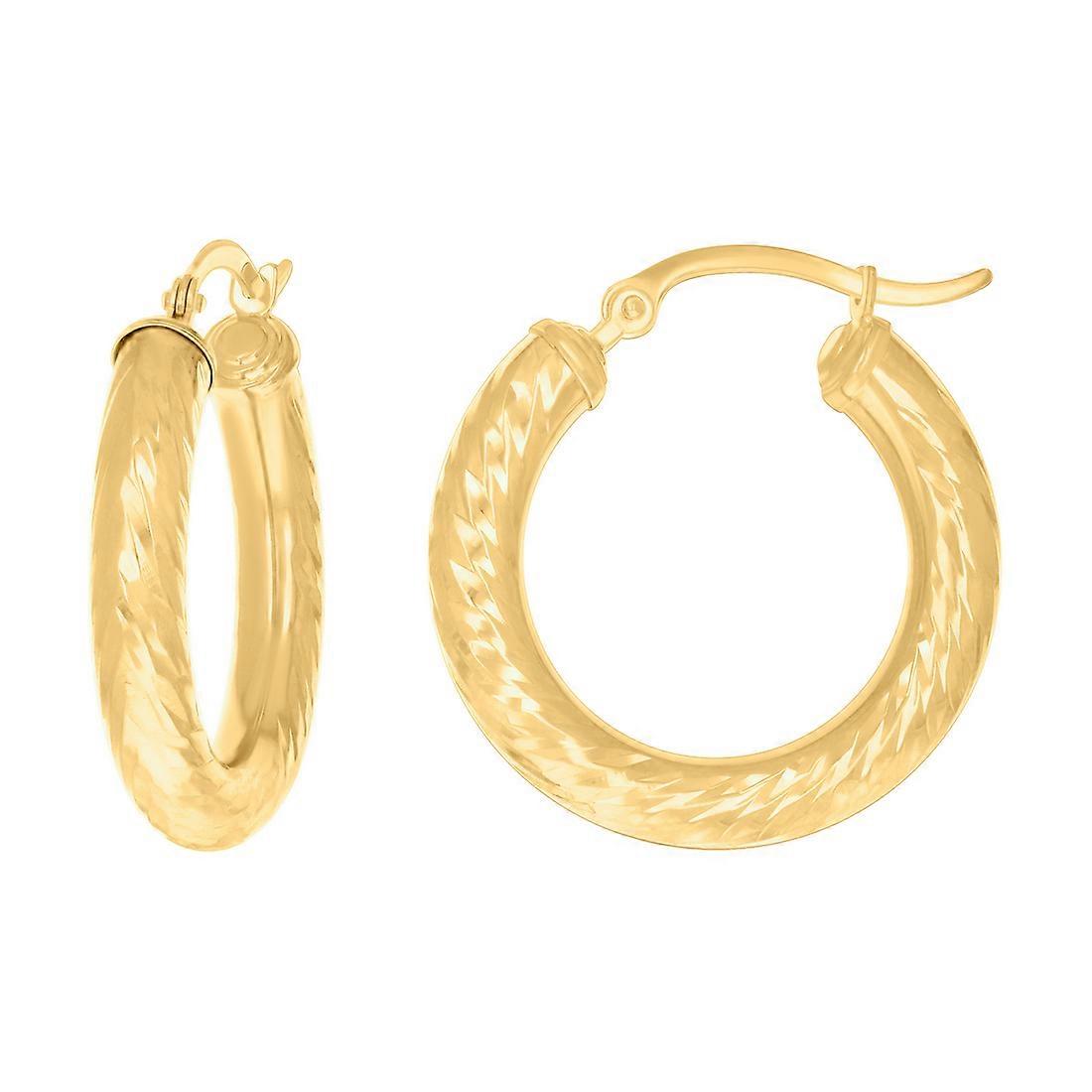 14Kイエローゴールドレディースラウンドチューブスパークルカットパターンのファンシーフープイヤリング女性用25x4mmワイドフープイヤリング