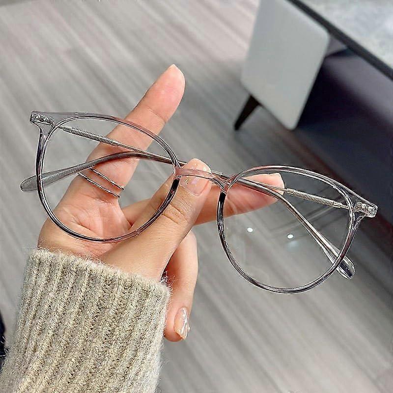 Large Blue Light Blocking Clear Vision Computer Readers, Round Flat Light Mirror Eyeglasses, Gray Color, +300 Size