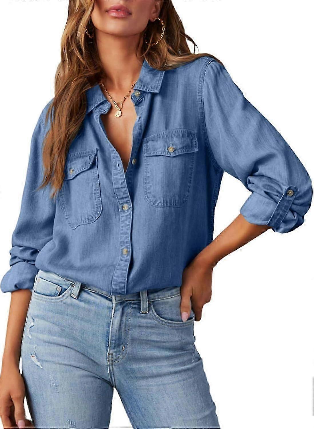 Women Button Down Denim Shirts Casual Long Sleeve V Neck Chambray Blouse Top