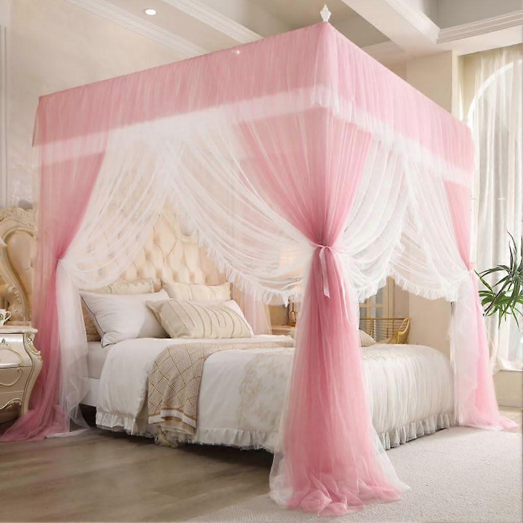 Bed canopy, bed net, 4 corner curta for kingsize and queensize beds, bed canopy for bedroom, double encrypted (Pink, 1.8 x 2.2 m) Pink 1.82.2m