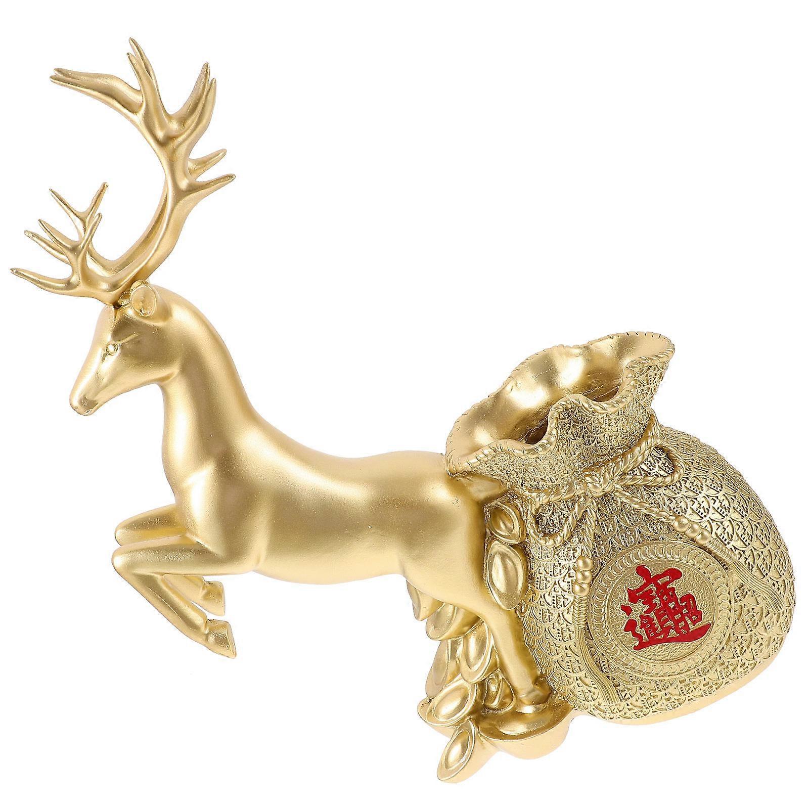 Deer Figurine Ingot Yuan Bao Treasure Bag Statue Home Decoration Golden 33X24X10CM Resin Table Blessing Pouch Figurine 1Pack
