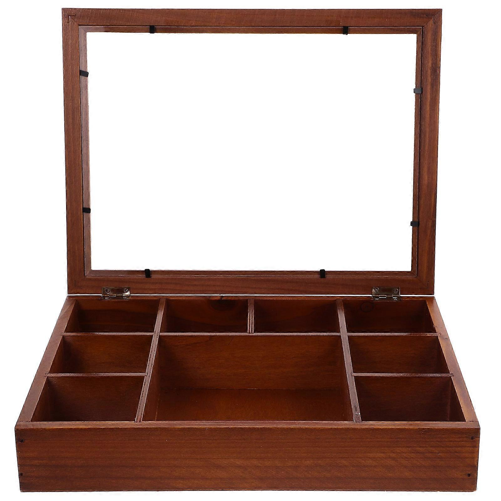 Retro Wooden Display Box with Clear Lid – Vintage Trinket Organizer for Jewelry, Rocks, and Small Items, Multi Compartment Dust Proof Case for Home