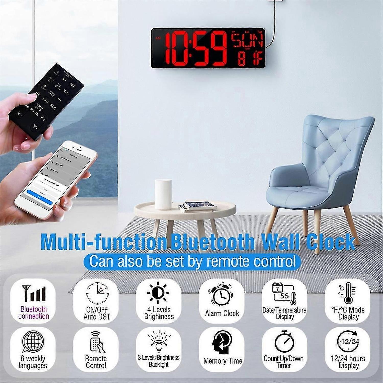 Large Digital Wall Clock 16.5 Inch Bluetooth Auto Time Sync Led Digital Clock Display Calendar Clock