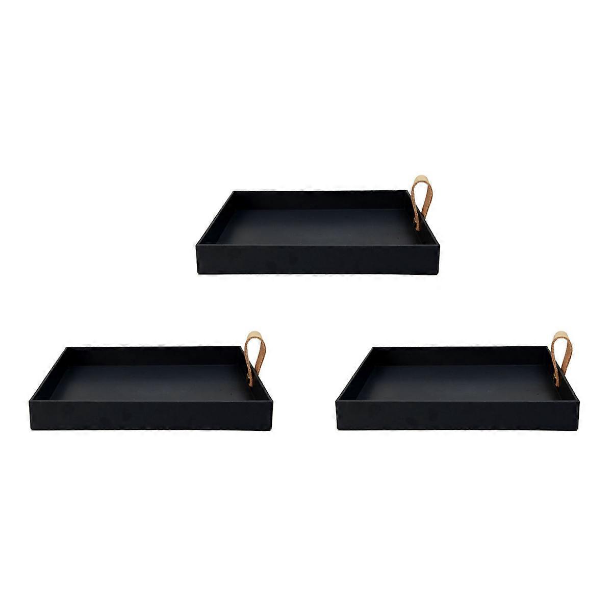3X Square PU Leather Serving Tray Decorative Dish Cosmetics Sundries Desktop Storage Plate with Hand