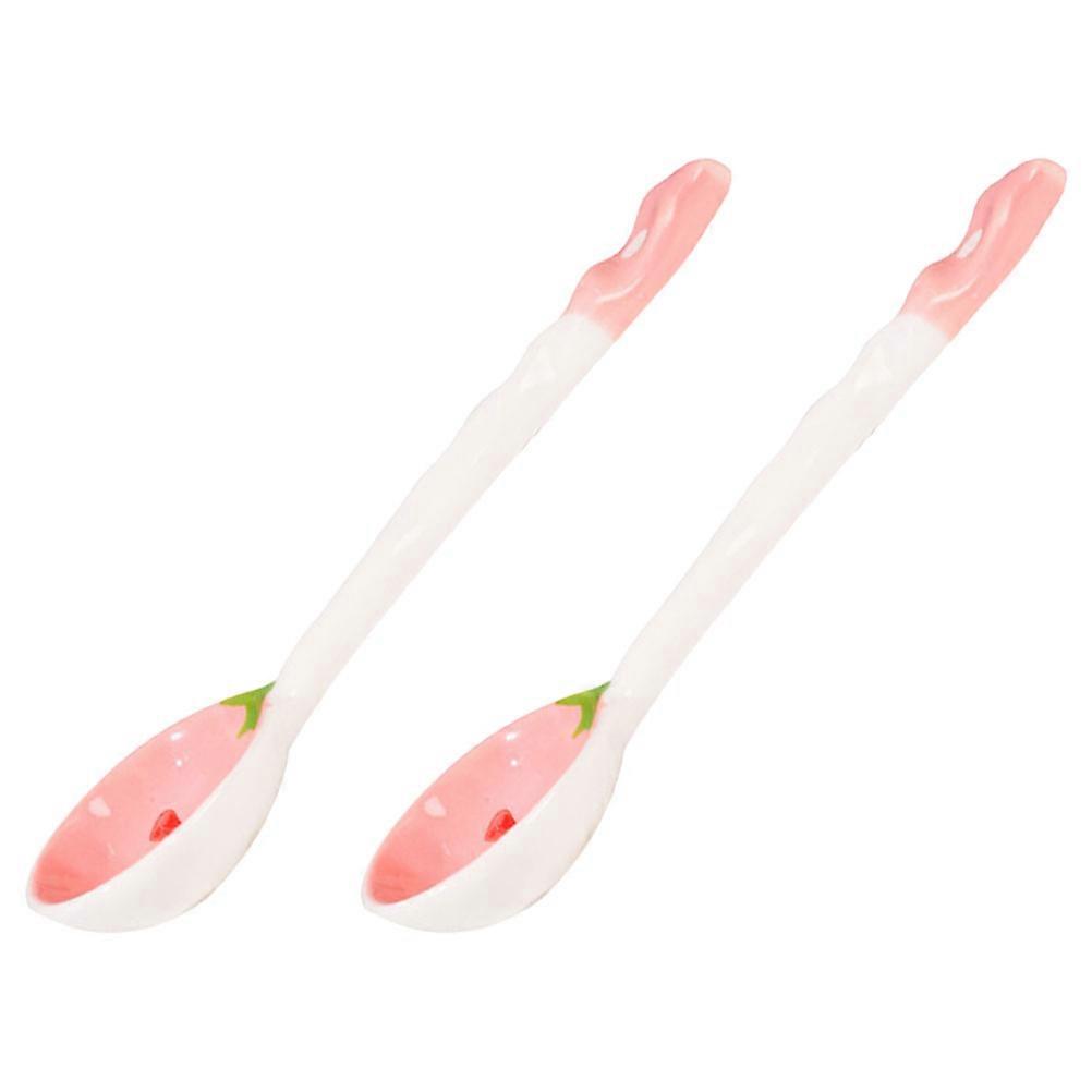 Soup Serving Spoons Ceramic Pink Strawberry Pattern For Dining Table Use 2Pcs