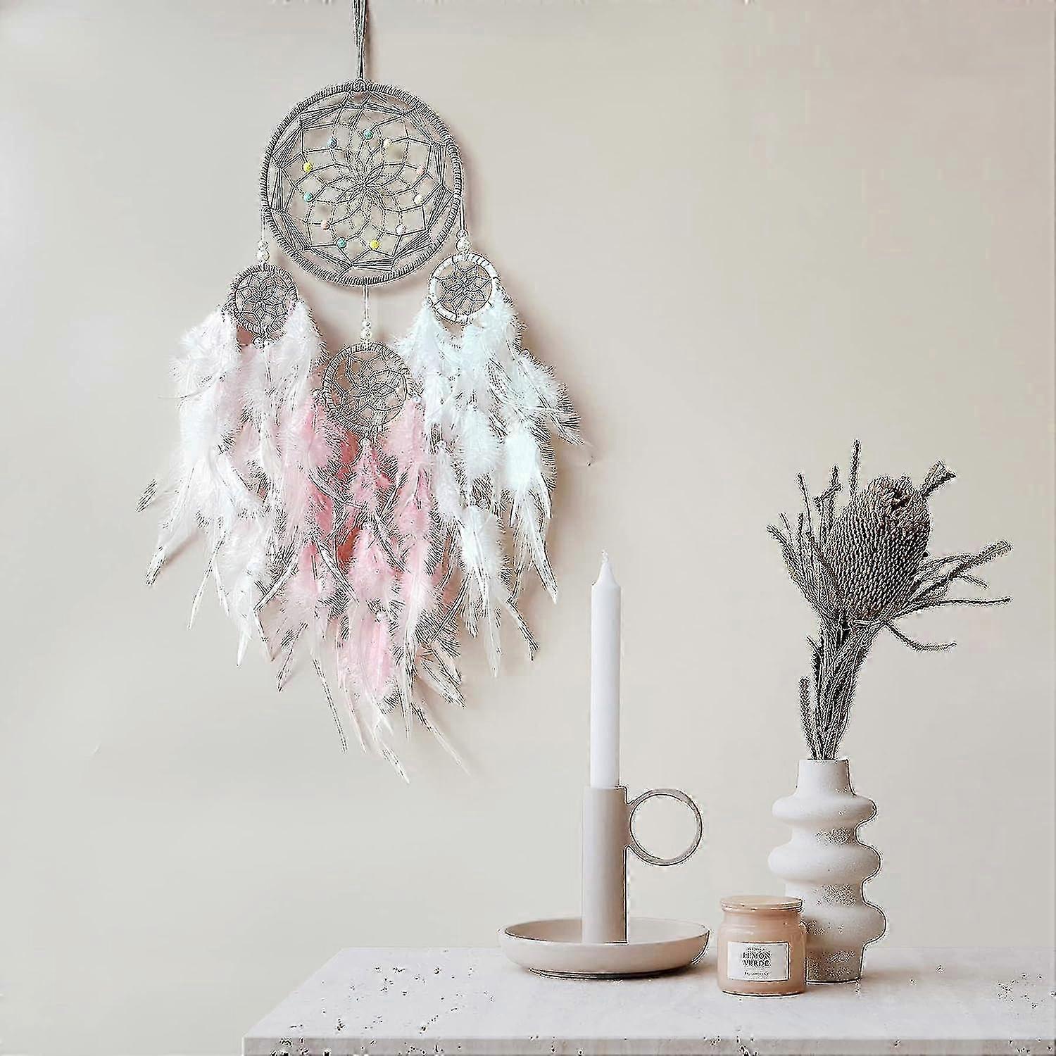 Handmade Pink Feather Dreamcatcher Wall Hanging Ornament for Girls' Bedroom, Home Decor, Art Craft Gift