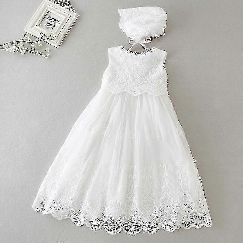 プリンセスガール長袖レース刺繍チュールドレス、レースハット付き、女の子の洗礼と洗礼式