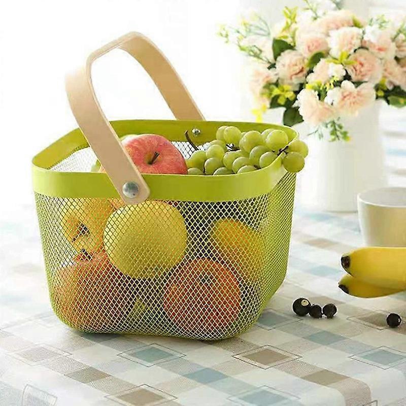 Wooden Handle Mesh Basket Snack Fruit Storage Basket Square 