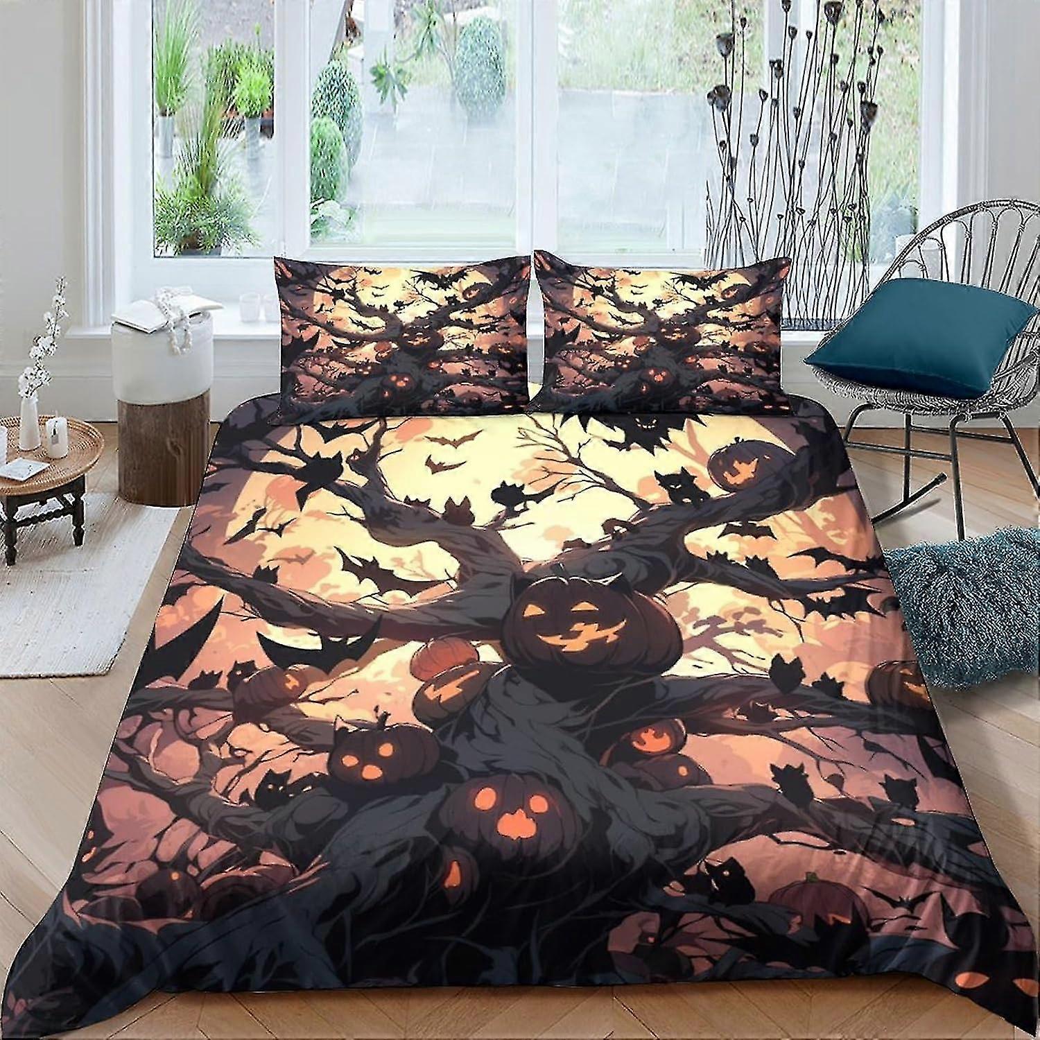 Halloween Bedding Set Duvet Cover Set 3D Printed 3 Pcs Soft Breathable Pumpkin Comforter Cover with Pillowcases Double