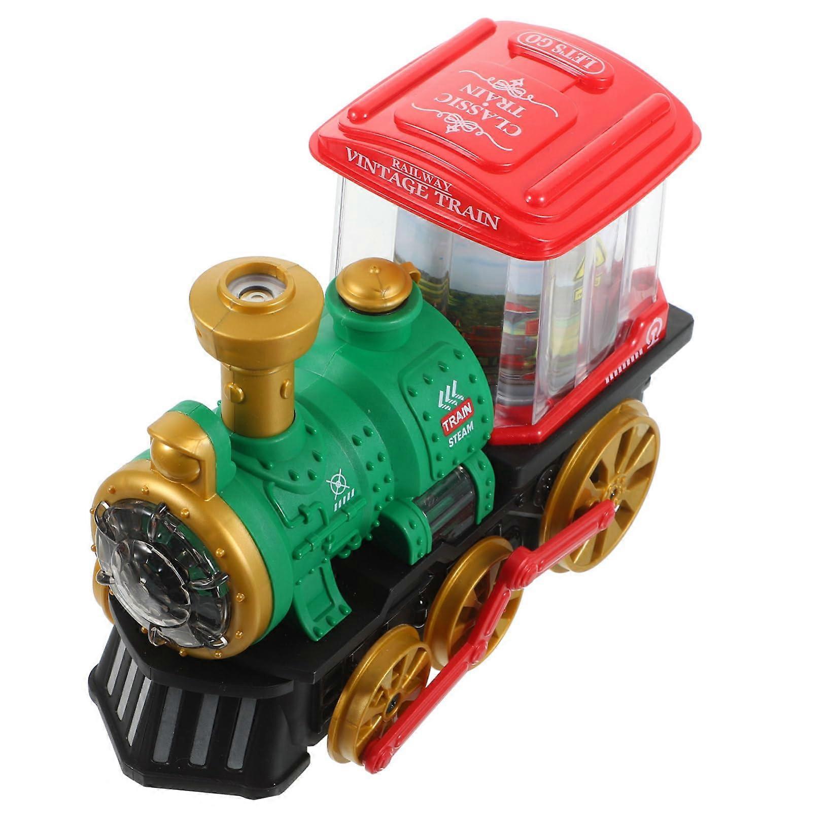 Electric train for spray function, music, and lights. Cartoon design promotes creativity and learning for boys. Batterypowered.