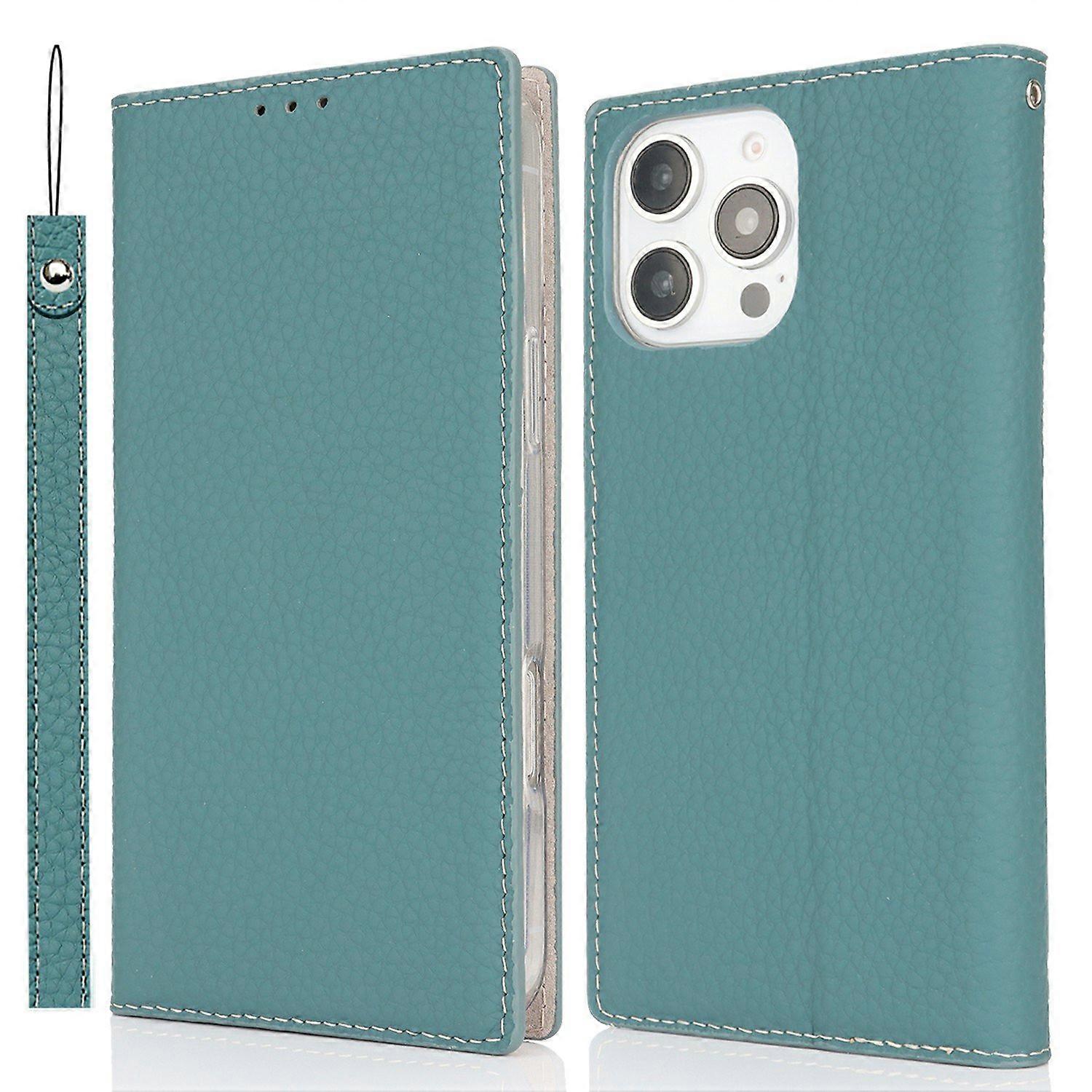 Für iPhone 16 Pro Wallet Case Echtes Rindsleder Handyhülle Litschi Textur