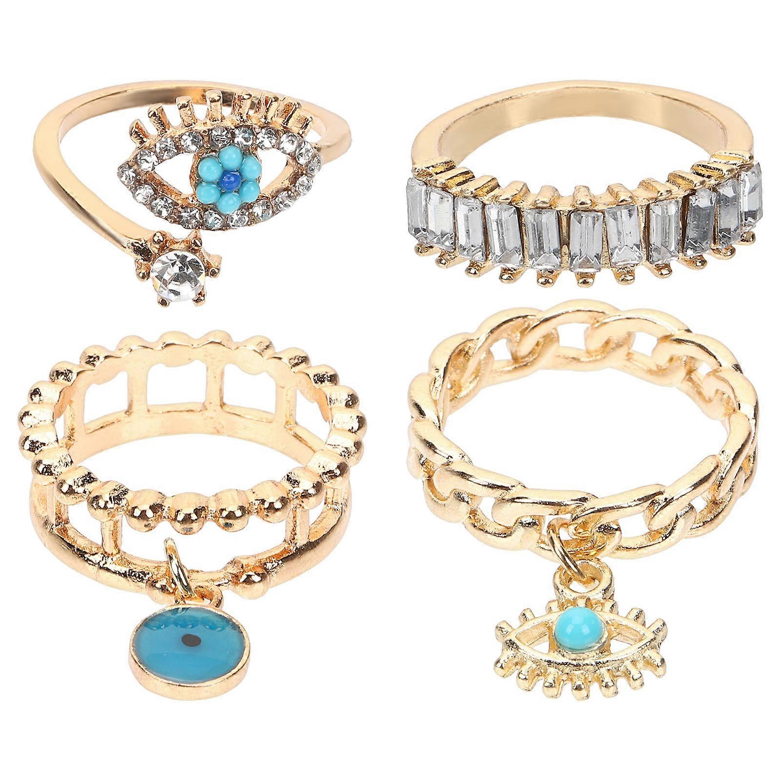 4pcs Adjustable Punk Evil Eye Rhinestone Open Ring Set for Women – Unique Jewelry for Parties, Birthdays, and Special Occasions